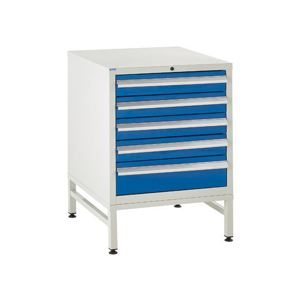Under bench Euroslide cabinet and stand with 5 drawers in blue