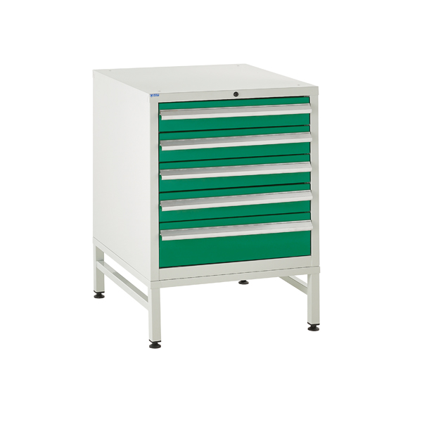Under bench Euroslide cabinet and stand with 5 drawers in green