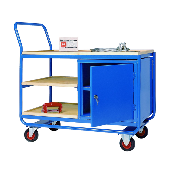 Trolley with 3 Plywood Shelves and Steel Cupboard